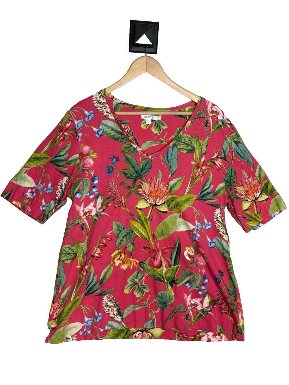 Chico's Hot Pink Tropical Pima Cotton V-Neck Short Sleeve Top Tee Large Sz 3